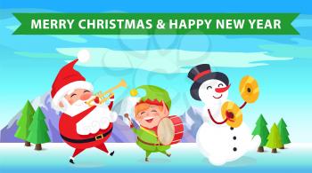 Merry Christmas and happy New Year, banner with Santa Claus and nature with mountain and trees, snowman and elf isolated on vector illustration