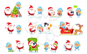 Santa and Snow Maiden life, decoration tree, singing and playing game together, delivering gifts, playing music with snowman vector illustration