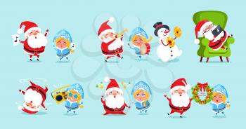 Santa Claus and his friends having fun set of icons isolated on blue background. Vector illustration with snowman, Snow Maiden and Santa having fun
