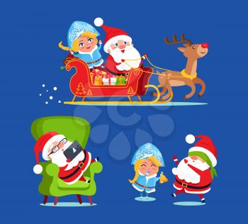 Santa and snow maiden icons isolated on dark blue background. Vector illustration with Santa and his friend sitting flying sledge with presents in boxes