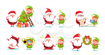 Elf and Santa Claus icons isolated on white background. Vector illustration with fairy tale winter holidays happy symbols preparing for Christmas