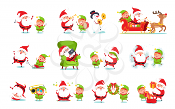 Santa Claus and helper activities, reindeer and sleigh with present, song and music, happiness and good emotions, isolated on vector illustration