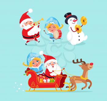 Santa Claus and Snow Maiden with snowman singing and playing music instruments, reindeer and sled full of presents isolated on vector illustration