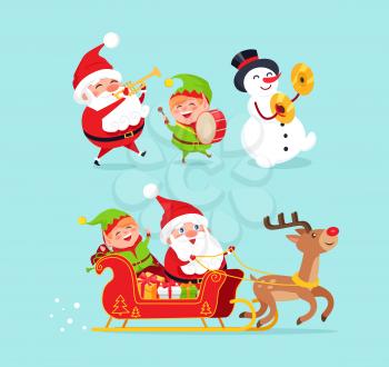 Santa Claus wearing traditional costume and snowman with black hat, elf with drum, sled and reindeer with presents, characters vector illustration