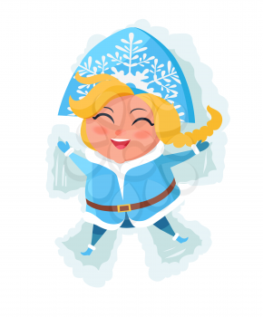 Smiling snow maiden laying in snow and makes figures by hands and legs vector postcard isolated on white background. Russian snegurochka having fun