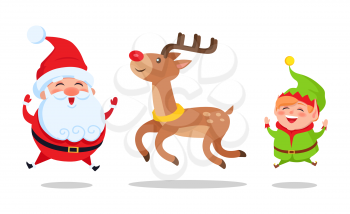 Santa and elf cartoon characters jumping high with deer animal vector illustration postcard isolated on white background. Happy fairy-tail persons vector