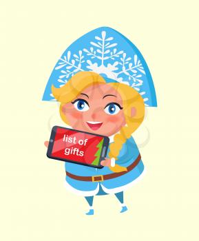 List of gifts in digital tablet, snow maiden taking order on Christmas vector postcard isolated on white background. Russian blonde snegurochka