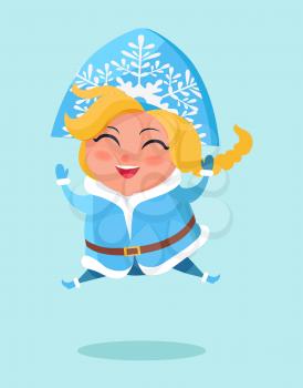Smiling snow maiden jumping high on snow vector postcard isolated on white background. Russian snegurochka having fun, winter holidays poster