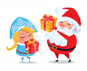 Santa Claus and Snow Maiden with decorated present boxes in hands vector illustration cartoon characters with gifts isolated on white background