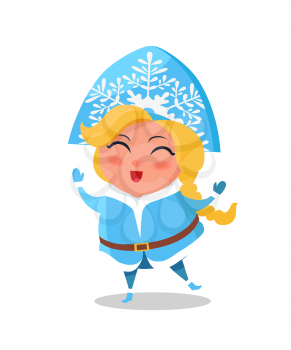 Snow maiden in cute blue warm winter cloth singing carol songs vector illustration postcard isolated on white background, russian snegurochka