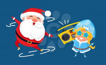 Modern Santa Claus and Snow Maiden with music tape recorder dance at disco, vector cartoon characters isolated on blue background, dancing heroes