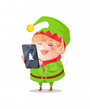 Elf cartoon character takes orders on gifts on tablet vector illustration isolated on white. Cute gnome reads wish list on smartphone with tree icon