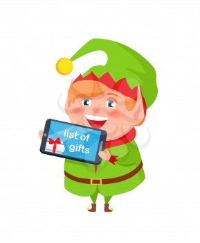 List of gifts in digital smartphone hold by green elf cartoon character in suit vector illustration Santa s little helper isolated on white background