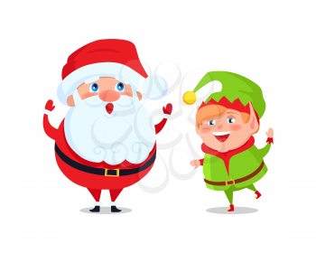 Santa and elf cartoon characters greets everyone and wishes Merry Christmas and Happy New Year, cartoon characters isolated on white background