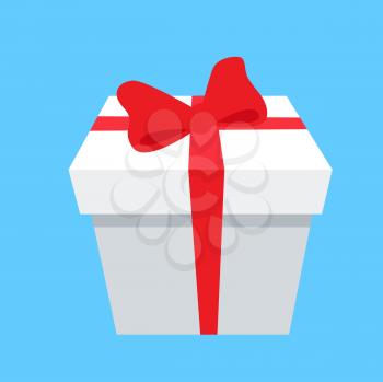 Gift box icon with red bow and ribbon isolated on blue background. White present package, New Year holiday parcel symbol vector illustration