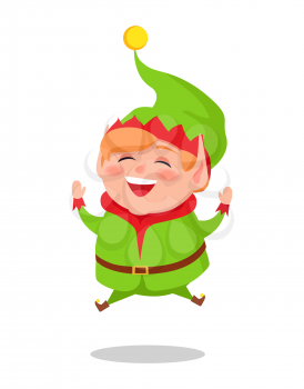 Happy elf jumping high vector illustration cartoon character in green suit isolated on white background. Smiling gnome leaps in air vector illustration