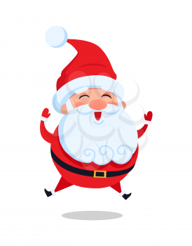 Happy jumping Santa Claus vector illustration isolated on white background. Father Christmas leaps in air greeting everyone and smiling from joy
