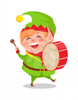 Smiling happy elf playing on drum musical instrument vector illustration postcard isolated on white background. Cute gnome hero in suit cartoon style