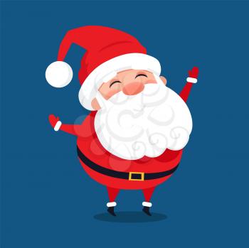 Merry Santa Claus with wide open hands stand smiling vector illustration postcard with cartoon character isolated on blue background