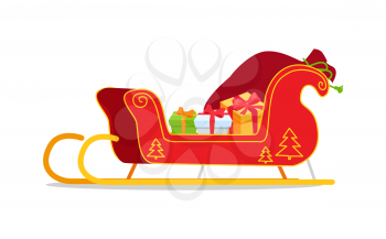 Christmas sleigh with presents vector illustration isolated on white. Red Santa s sledge with New Year tree ornament, full of gift boxes cartoon style