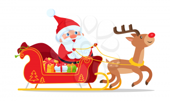 Santa riding in sleigh with reindeer animal vector isolated on white. Christmas greeting postcard with deer driving cartoon sledge full of presents