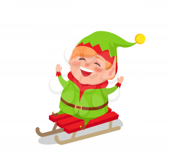 Happy Elf riding on sleigh vector isolated on white background. Merry cartoon character in green costume driving on sledge, winter activities