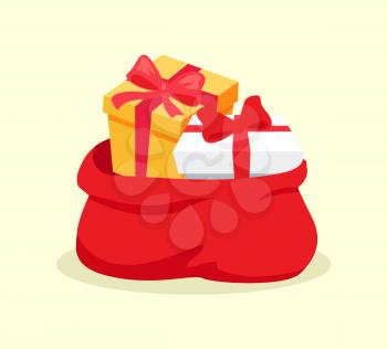 Open red bag full of Christmas presents vector solated on white background. Cartoon Santa s sack with gift boxes for congratulation at holidays