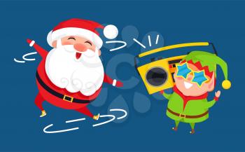 Santa and elf cartoon characters listen to music on retro tape recorder vector postcard with dancing Father Christmas, gnome in star shape glasses