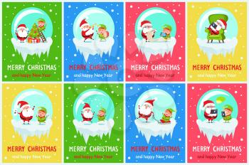 Merry Christmas and happy New Year, great pleasure of elf and Santa, Claus and helper playing music, doing job and sing, vector illustration