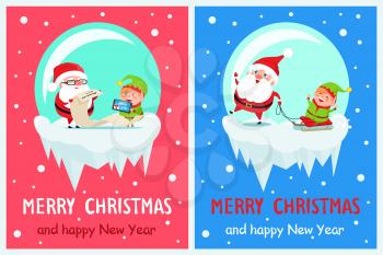 Merry Christmas and happy New Year, list of gifts shown on mobile phone of elf, Santa checking notes, Claus and helper riding vector illustration