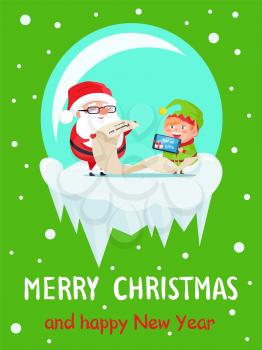 Merry Christmas and Happy New Year gifts list, Santa and Elf are reading wishes in glass bowl, vector illustration isolated on green with snowfall