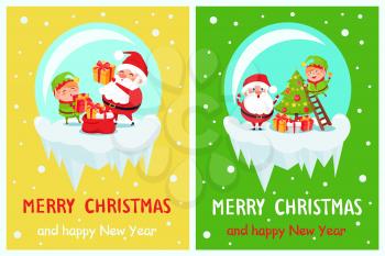 Merry Christmas and happy New Year, set of posters with Santa and his helper selecting presents for children and decorating tree vector illustration