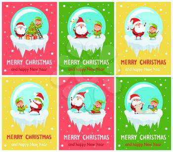 Merry Christmas and happy New Year, winter characters with note singing and with sledge riding, elf and Santa Claus isolated on vector illustration
