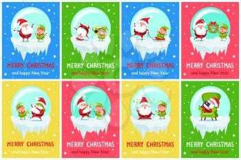 Merry Christmas posters Santa Elf in glass ball rest in armchair with gadget, decorate tree on ladder, dance at music, sing carols, play trumpet vector