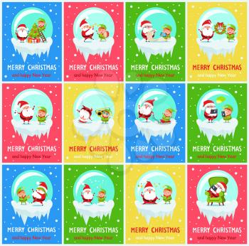 Merry Christmas and happy New Year, worried Santa because of elf, good time and mood of winter characters, snowy weather vector illustration