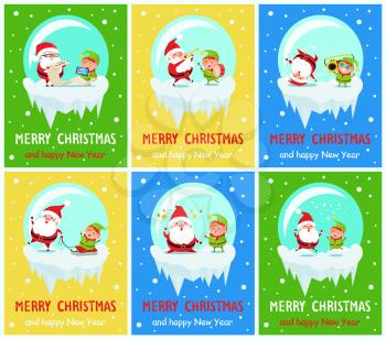 Merry Christmas and happy New Year, Santa with long sheet of paper and elf helping him with checking presents for kids vector illustration