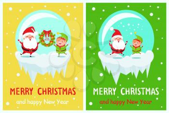 Postcard Merry Christmas and Happy New Year Santa and Elf hold wreath merrily jumping in glass ball on icy cliff on snowflakes vector illustration