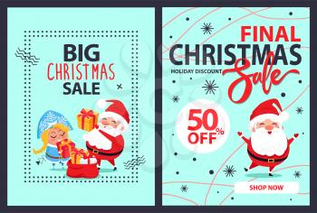Big final christmas sale 50 off set of posters with Snow Maiden, dancing Santa Claus and red sack full of xmas presents vector illustration banners