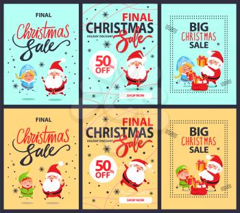 Set of posters final Christmas sale holiday discounts 50 off Santa Claus, Snow Maiden and cartoon elf, snowflakes on background of vector illustrations