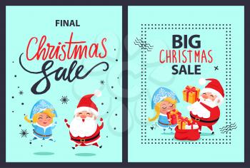 Christmas final sale holiday discount poster with happy jumping or dancing Santa Claus and Snow Maiden with red sack on snowflakes vector banner