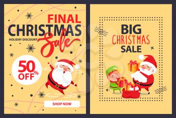 50 off big final Christmas sale advert poster with merry Santa Claus leaping for joy and cartoon elf putting presents into red sack full of gifts
