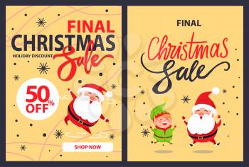 Christmas final sale holiday discount poster happy jumping or dancing Santa Claus and elf cartoon character vector illustration banner on snowflakes