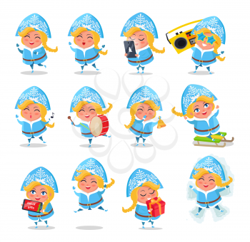 Snow Maiden collection of icons with winter character doing different activities, singing and listening to music, playing drums vector illustration