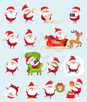 Santa Claus collection of icons, winter character and activities looking at laptop, sleeping and singing, playing trumpet, smiling vector illustration