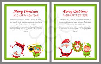 Merry Christmas and happy New Year, fun and joy in placard with text and headlines, Santa and Elf with symbolic element, vector illustration