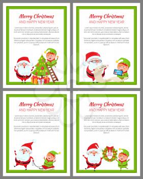 Merry Christmas and happy New Year, poster with helper of Santa Claus decorating tree with balls, helping with list of gifts vector illustration