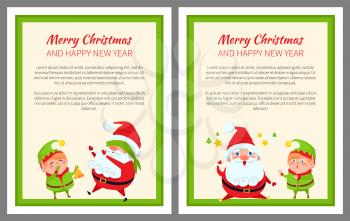 Santa and elf cartoon playing in hide-and-seek and having good ideas vector posters with place for text. Father Christmas and little helper having fun