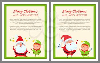 Merry Christmas and happy New Year, poster with Santa Claus with long beard, and elf wearing green costume, text sample, vector illustration