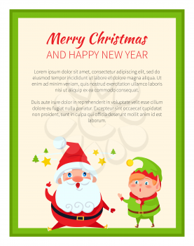 Merry Christmas and happy New Year, Santa Claus and elf, wonders and miracle, icons of trees and stars, poster with text vector illustration
