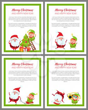 Merry Christmas and happy New Year, Santa Claus and helper, winter character and elf decorating tree and having fun together vector illustration